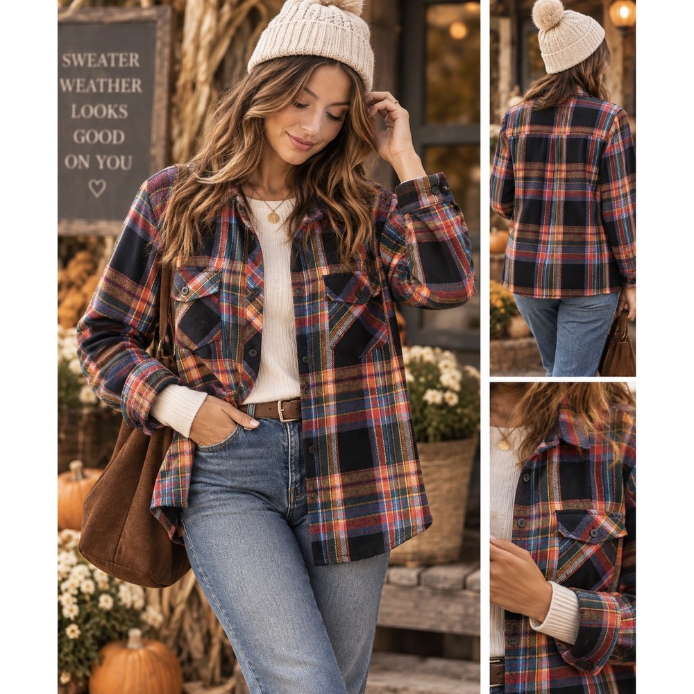 ODDI Women Multicolor Plaid Quilted Flannel Shirt Jacket Shacket Sz M Cabincore